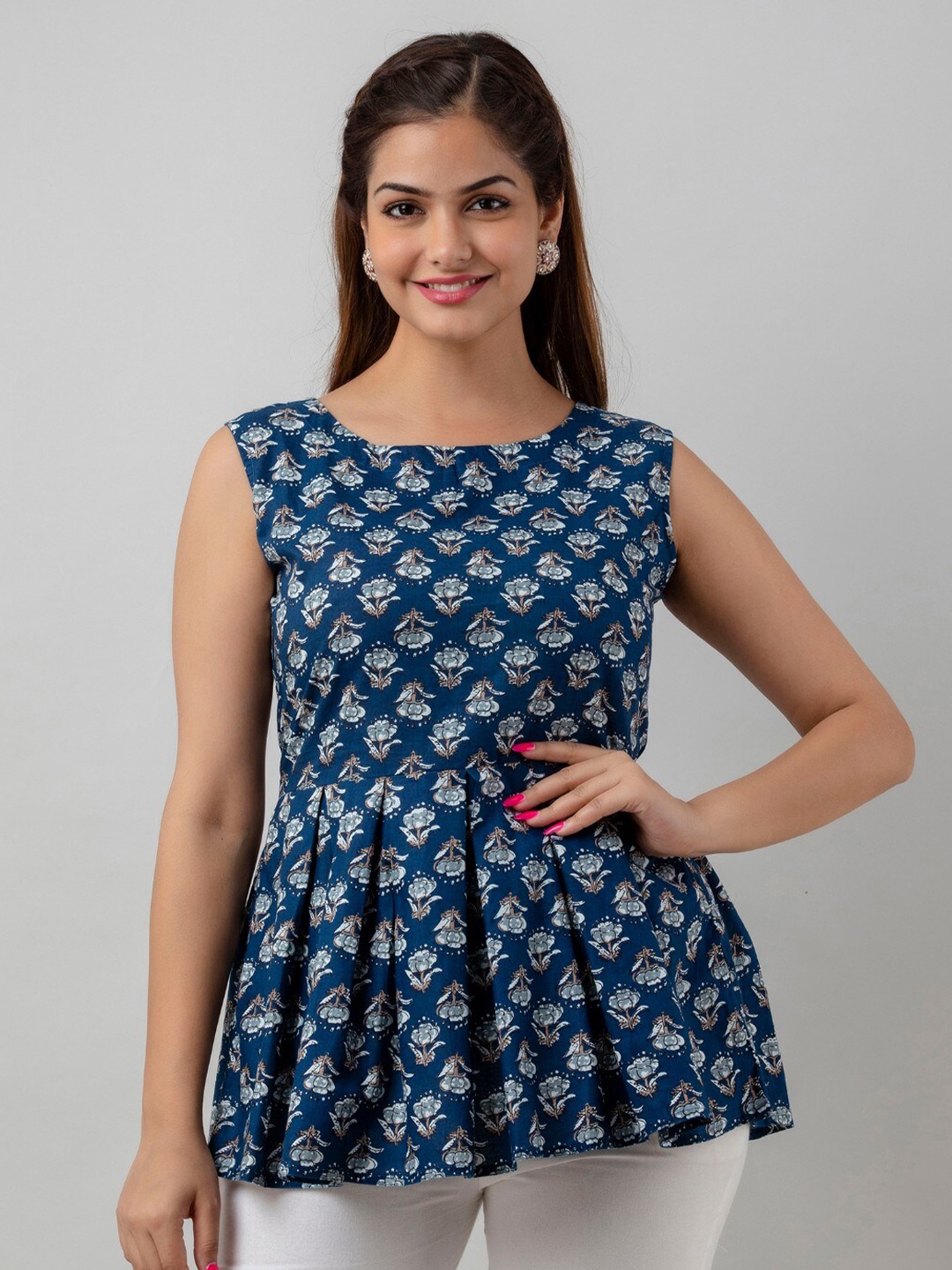 

SHOOLIN Floral Printed Round Neck Sleeveless Pure Cotton A-Line Kurti, Blue