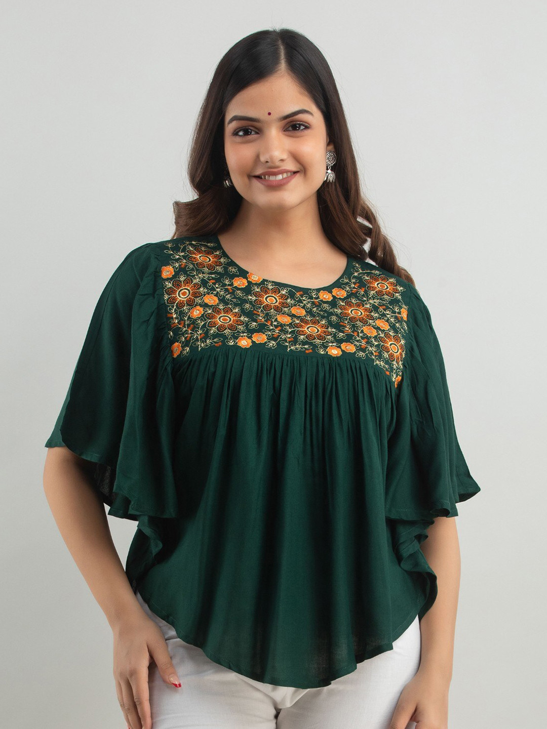 

SHOOLIN Floral Embroidered Flared Sleeves A-Line Top, Green