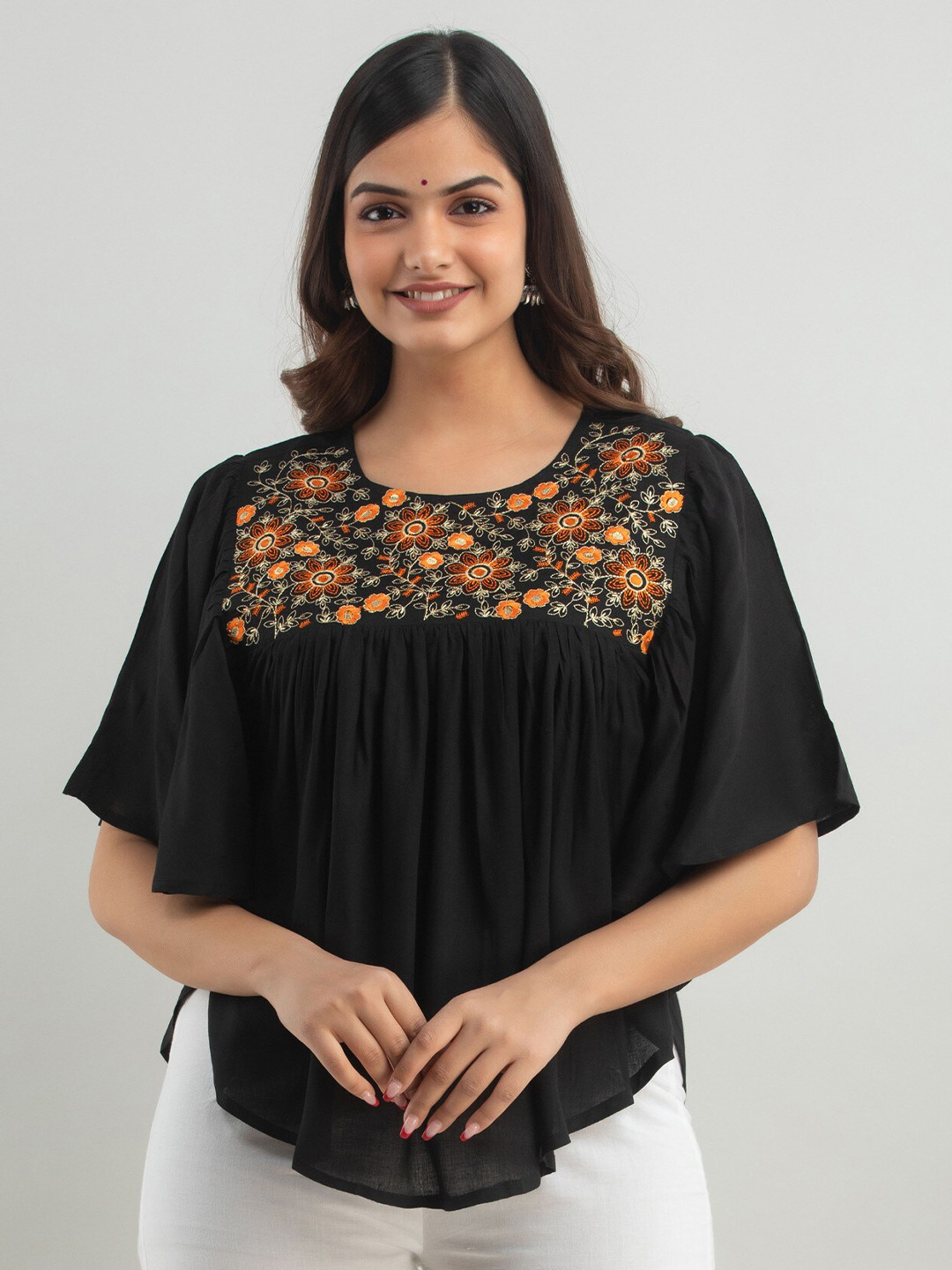 

SHOOLIN Floral Embroidered Flared Sleeves A-Line Top, Black
