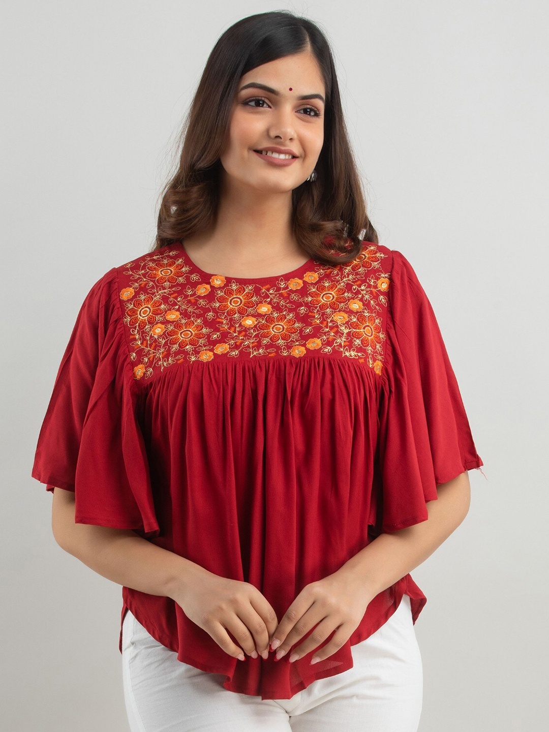 

SHOOLIN Floral Embroidered Flared Sleeves A-Line Top, Maroon