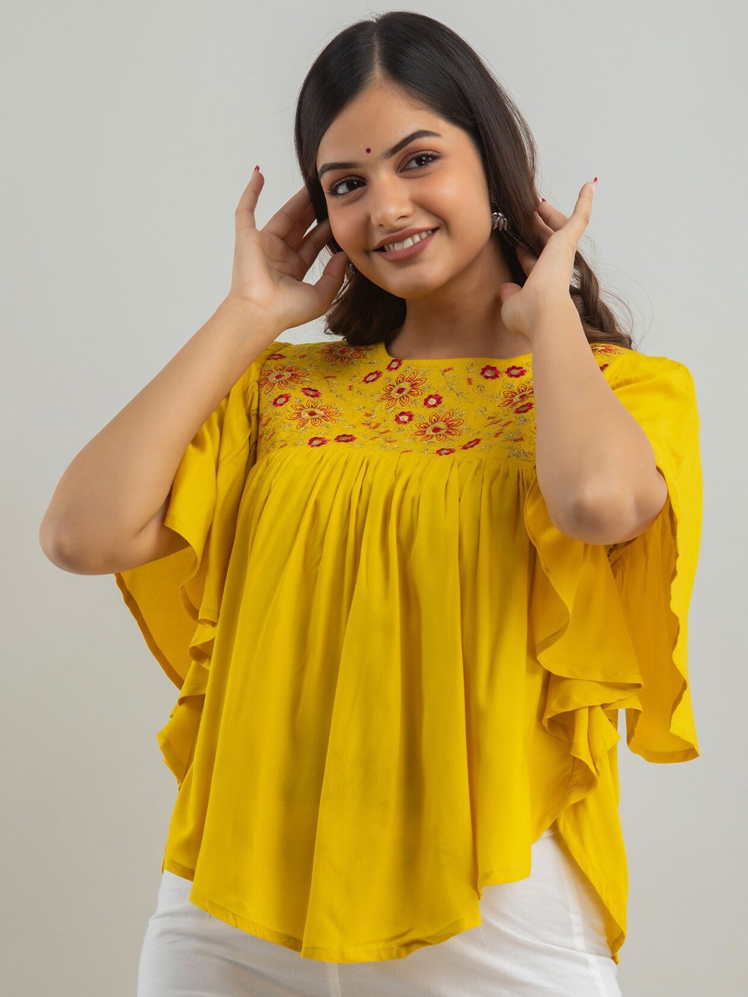 

SHOOLIN Floral Embroidered Top, Mustard