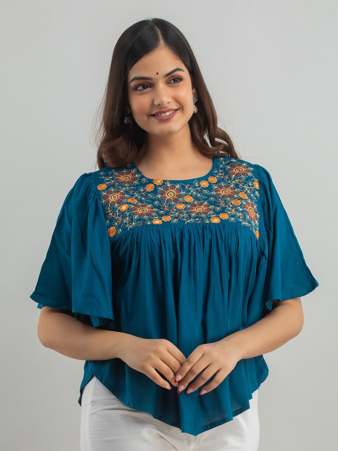 

SHOOLIN Floral Embroidered Flared Sleeves A-Line Top, Blue