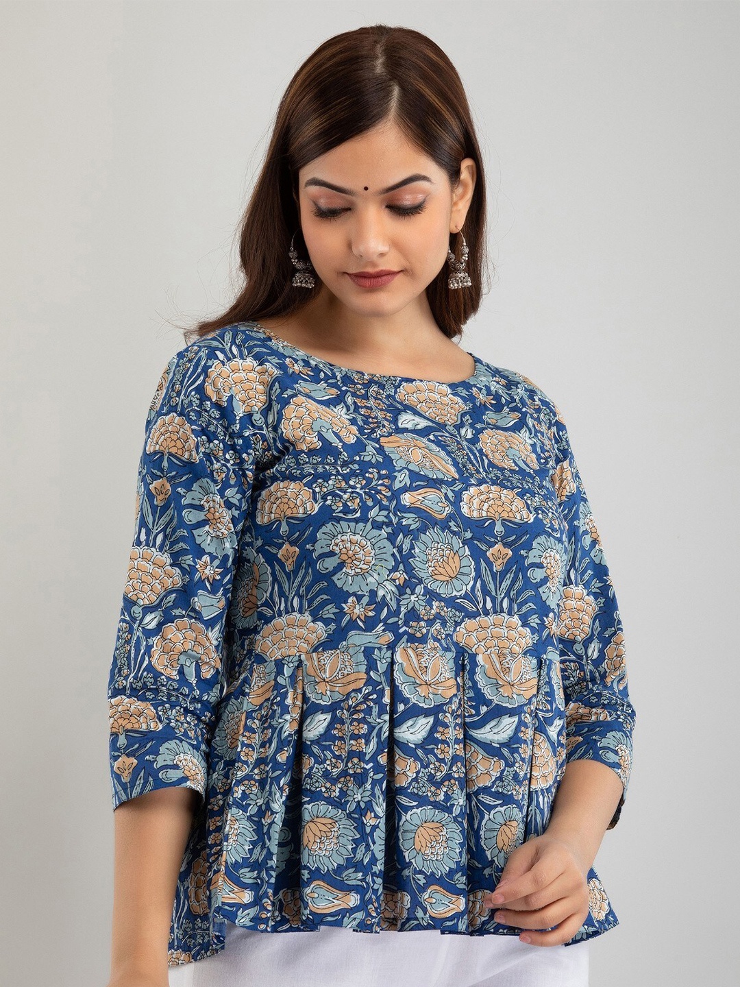 

SHOOLIN Floral Printed Pure Cotton A-Line Kurti, Blue