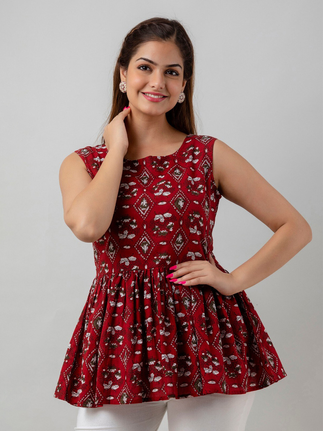

SHOOLIN Ethnic Motifs Printed Pure Cotton A-Line Kurti, Maroon