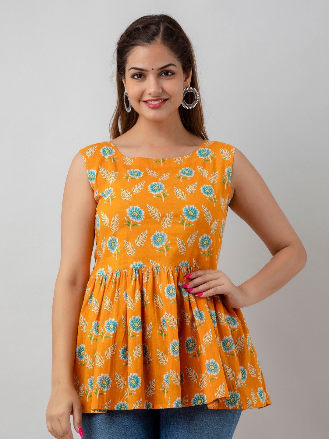 

SHOOLIN Floral Printed Pure Cotton Pleated A-Line Kurti, Orange