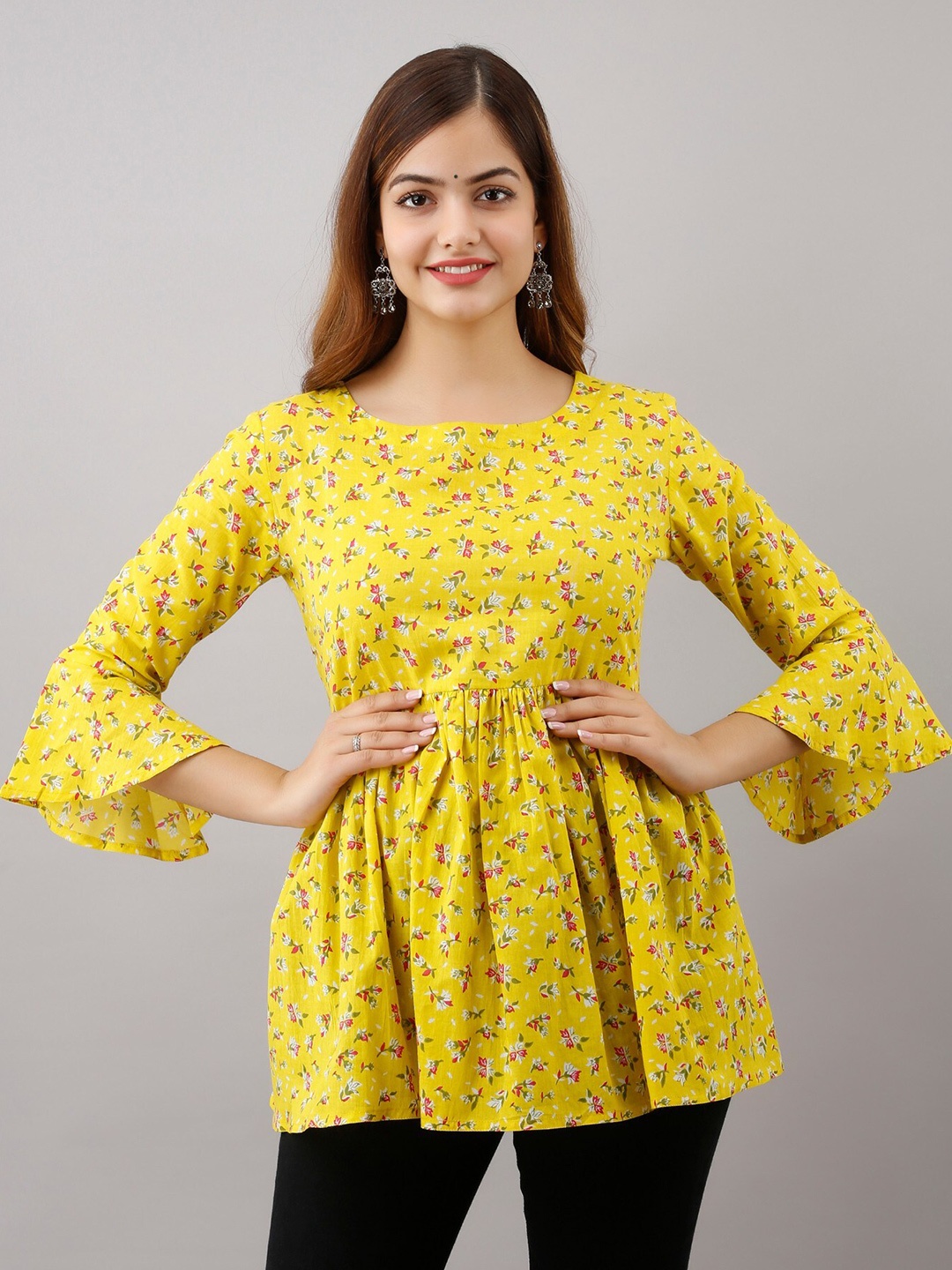 

SHOOLIN Floral Printed Bell Sleeves Pure Cotton Pleated A-Line Kurti, Yellow