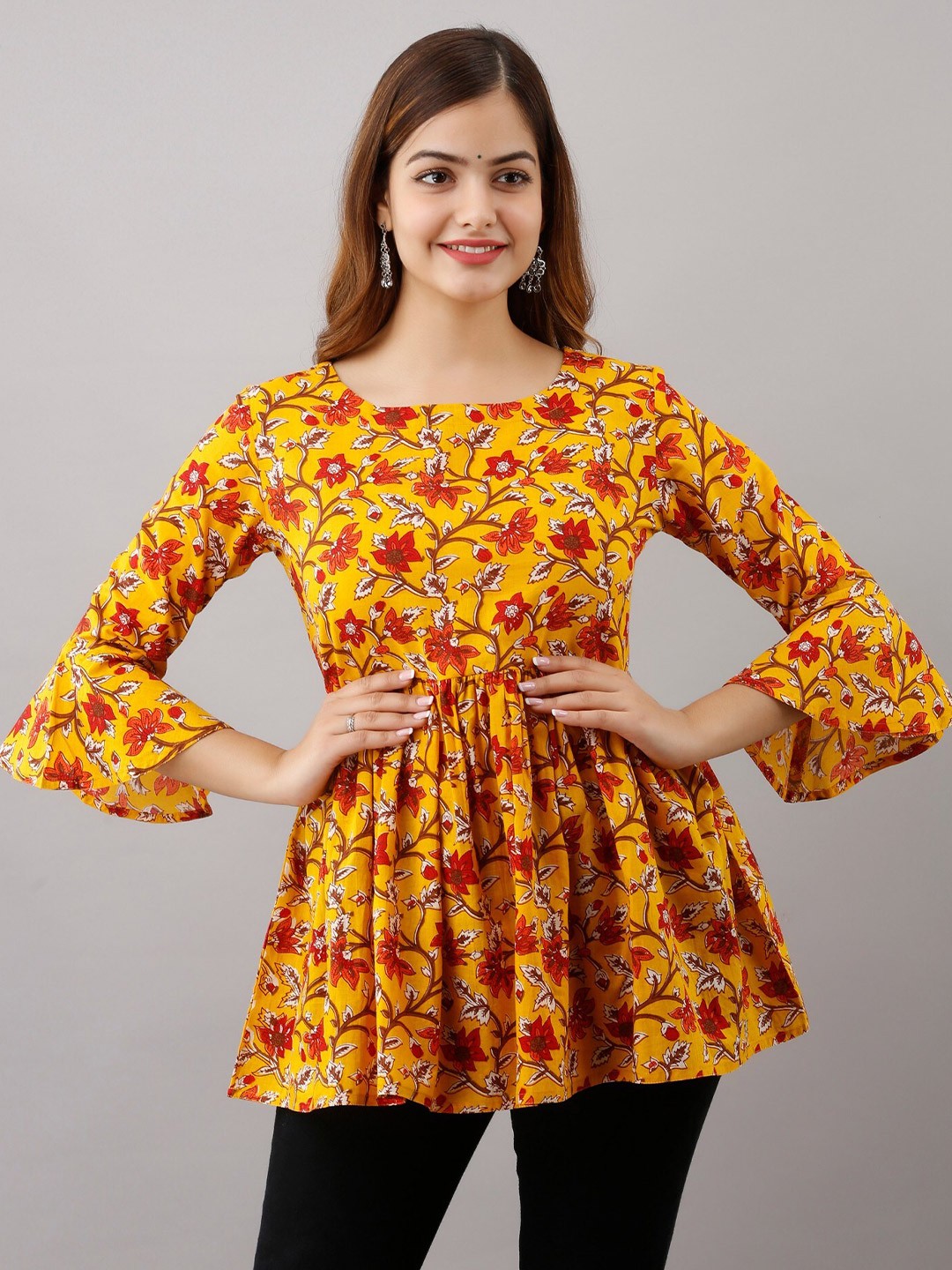 

SHOOLIN Floral Printed Bell Sleeves Pure Cotton Pleated A-Line Kurti, Yellow