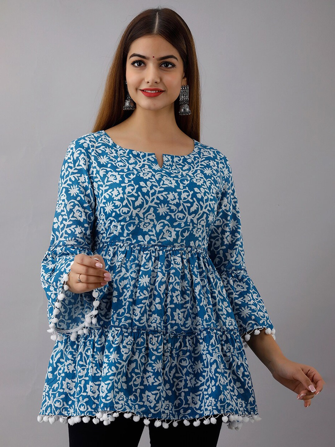 

SHOOLIN Floral Printed Bell Sleeves Pure Cotton Pleated A-Line Kurti, Blue