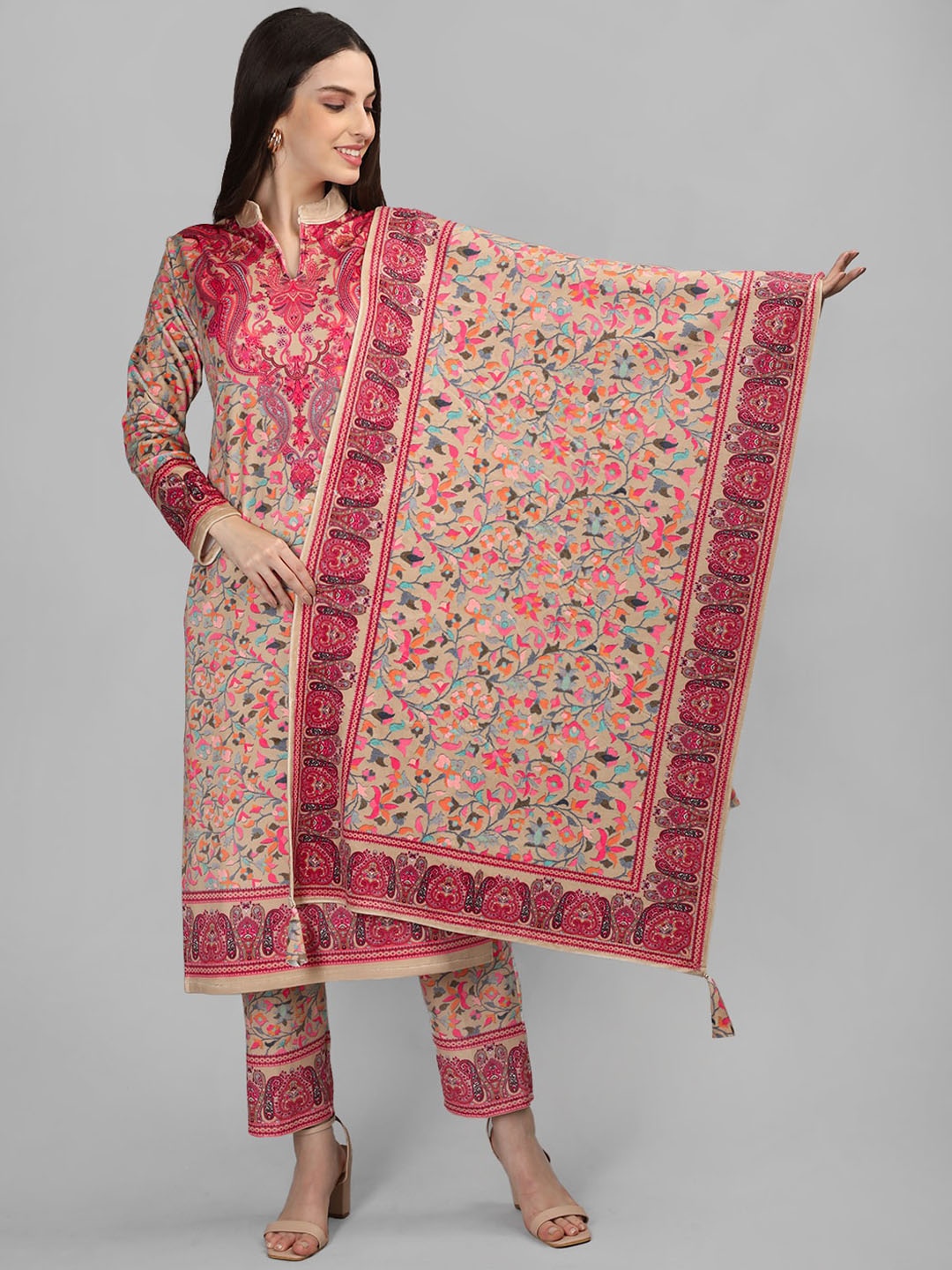 

MIKHAD Floral Printed Pure Wool Straight Kurta With Trousers & Dupatta, Cream
