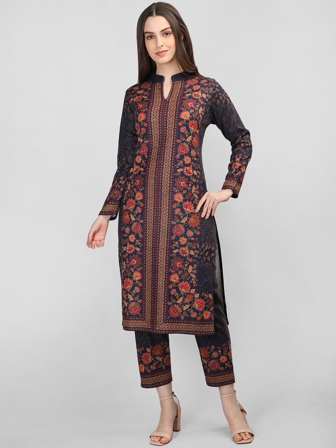 

MIKHAD Floral Printed Mandarin Collar Beads & Stones Straight Kurta with Trouser & Dupatta, Navy blue