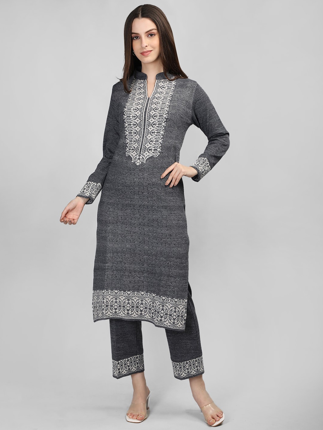 

MIKHAD Printed Mandarin Collar Kurta with Trousers, Grey