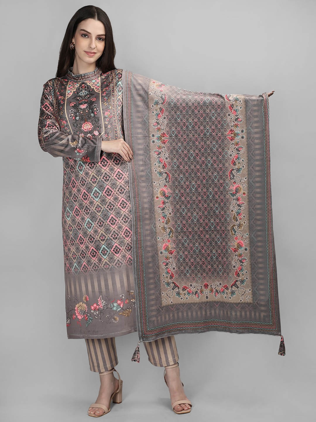 

MIKHAD Floral Printed Band Collar Velvet Kurta With Trousers & Dupatta, Grey