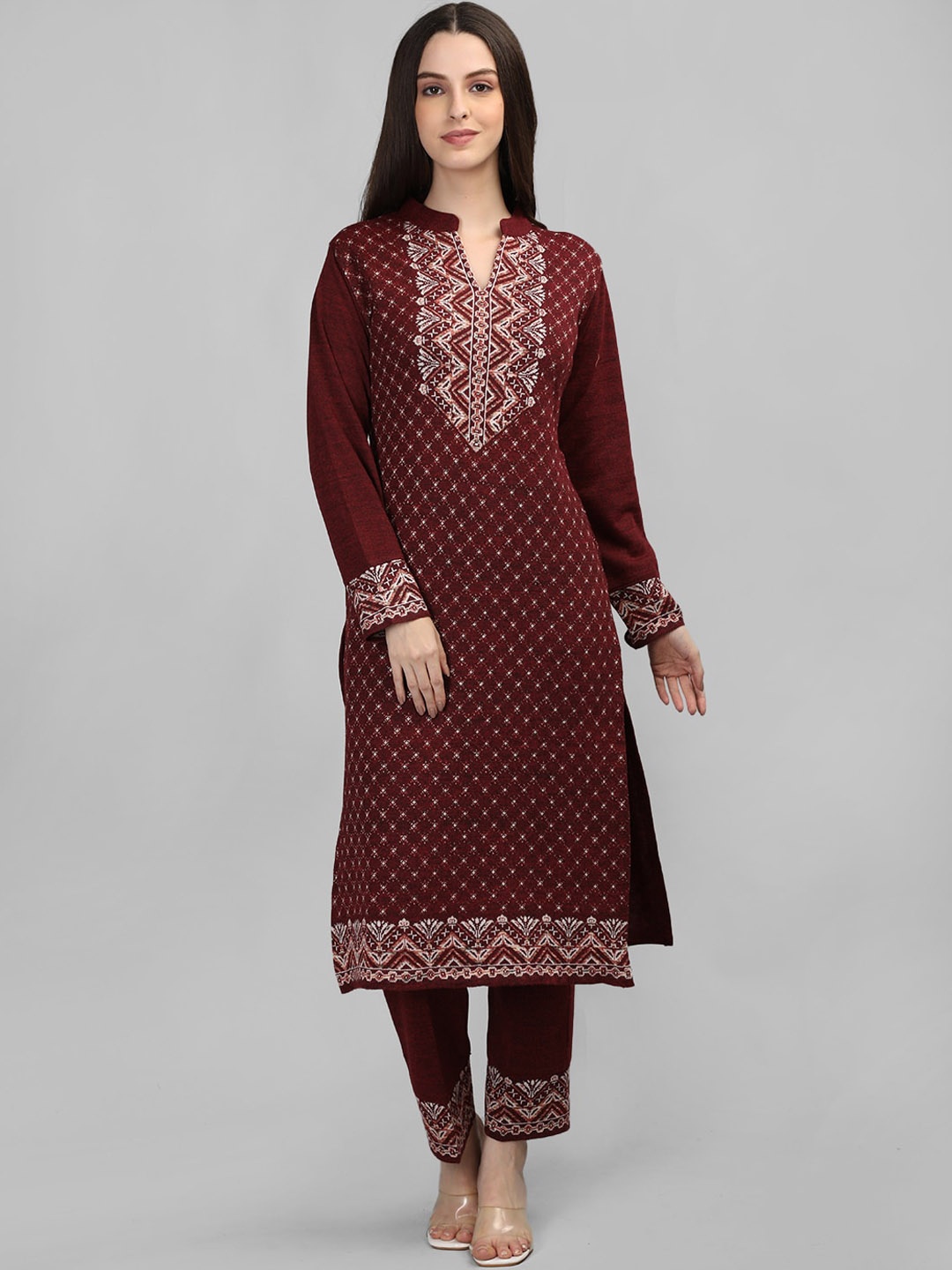 

MIKHAD Geometric Printed Mandarin Collar Kurta with Trousers & Dupatta, Maroon