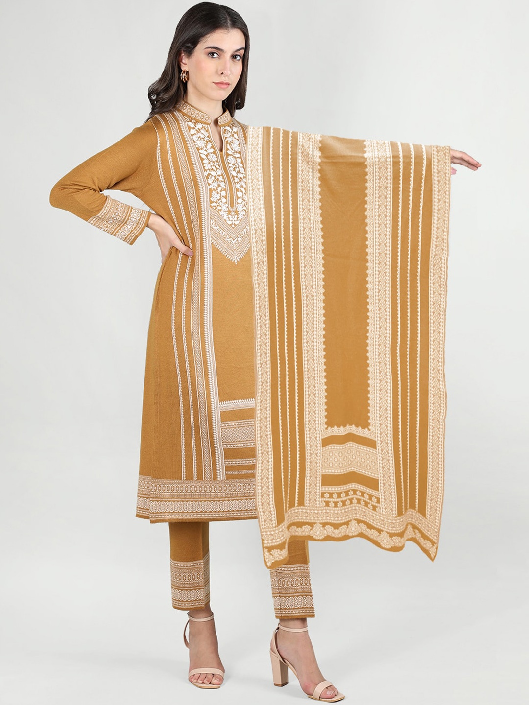 

MIKHAD Ethnic Motifs Printed Acrylic Mandarin Collar Kurta With Trousers & Dupatta, Mustard