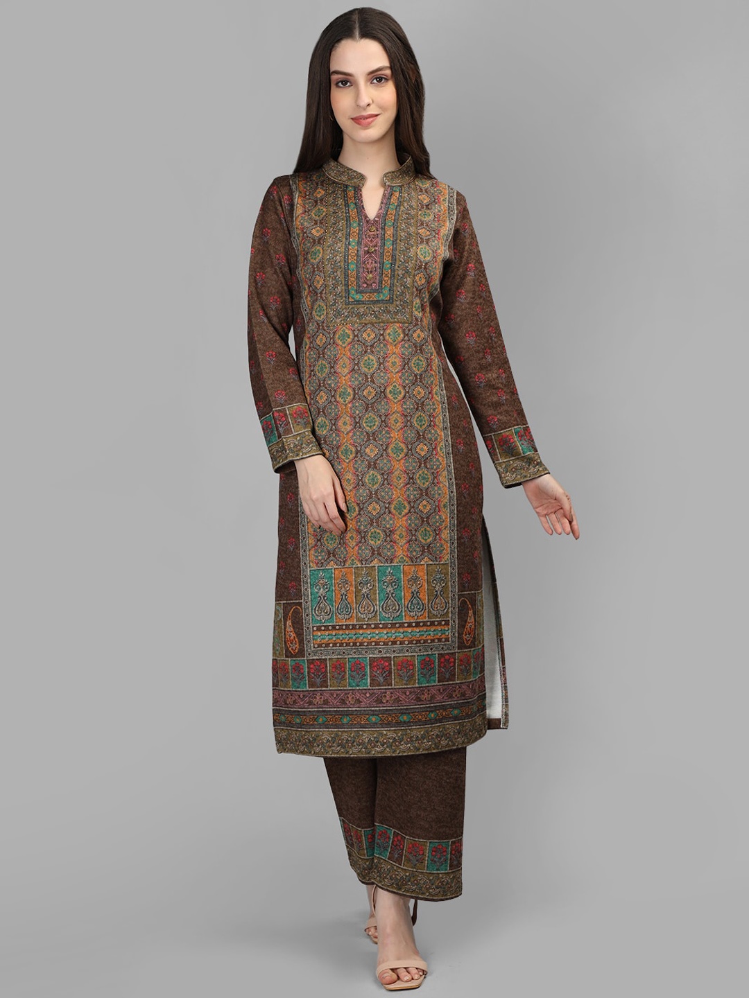 

MIKHAD Ethnic Motifs Printed Sequinned Straight Kurta With Trousers & Dupatta, Brown