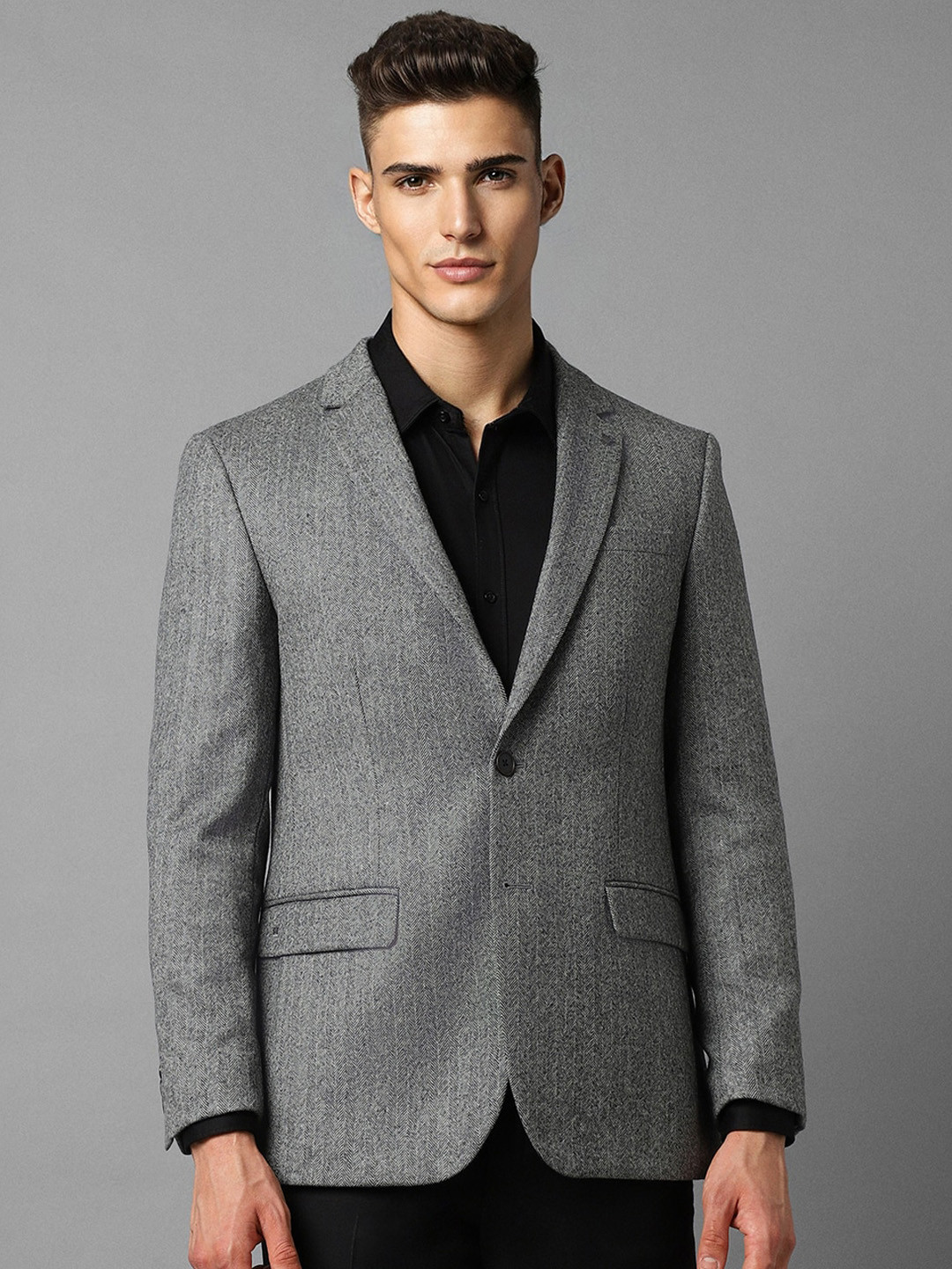 

Louis Philippe Self Design Single-Breasted Long Sleeved Woolen Blazers, Grey