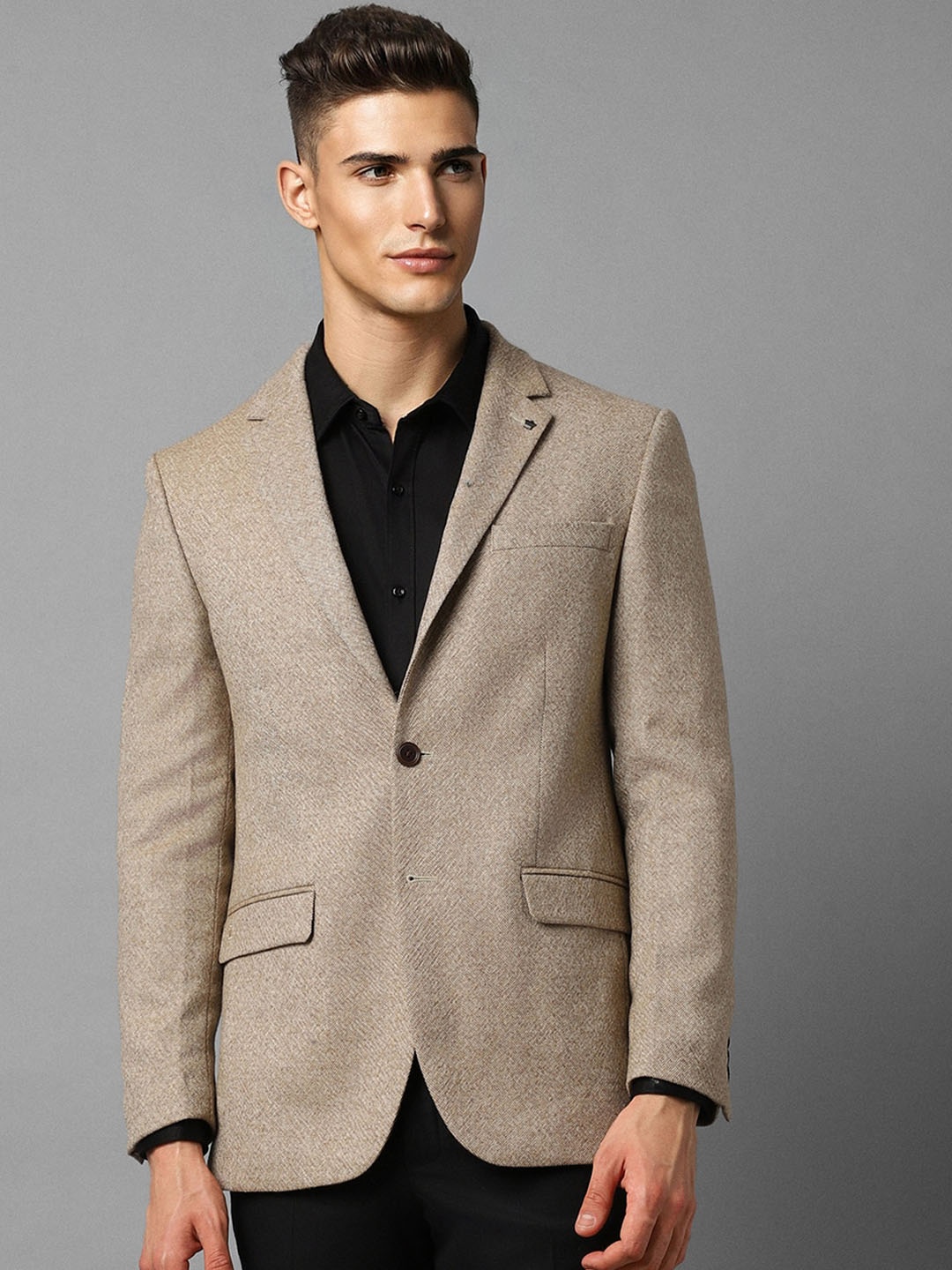 

Louis Philippe Self Design Single-Breasted Long Sleeved Woolen Blazers, Beige