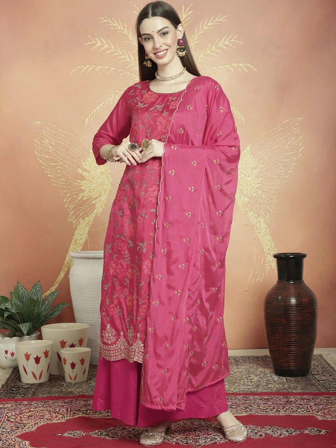 

Stylee LIFESTYLE Floral Embroidered Pure Silk Unstitched Dress Material, Magenta