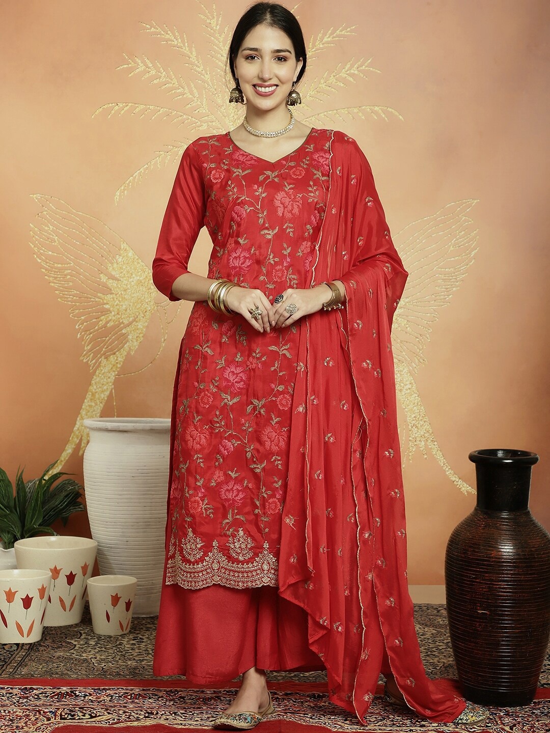 

Stylee LIFESTYLE Floral Embroidered Pure Silk Unstitched Dress Material, Red