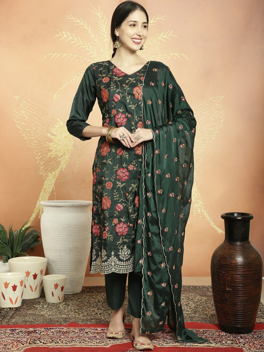 

Stylee LIFESTYLE Floral Embroidered Pure Silk Unstitched Dress Material, Green