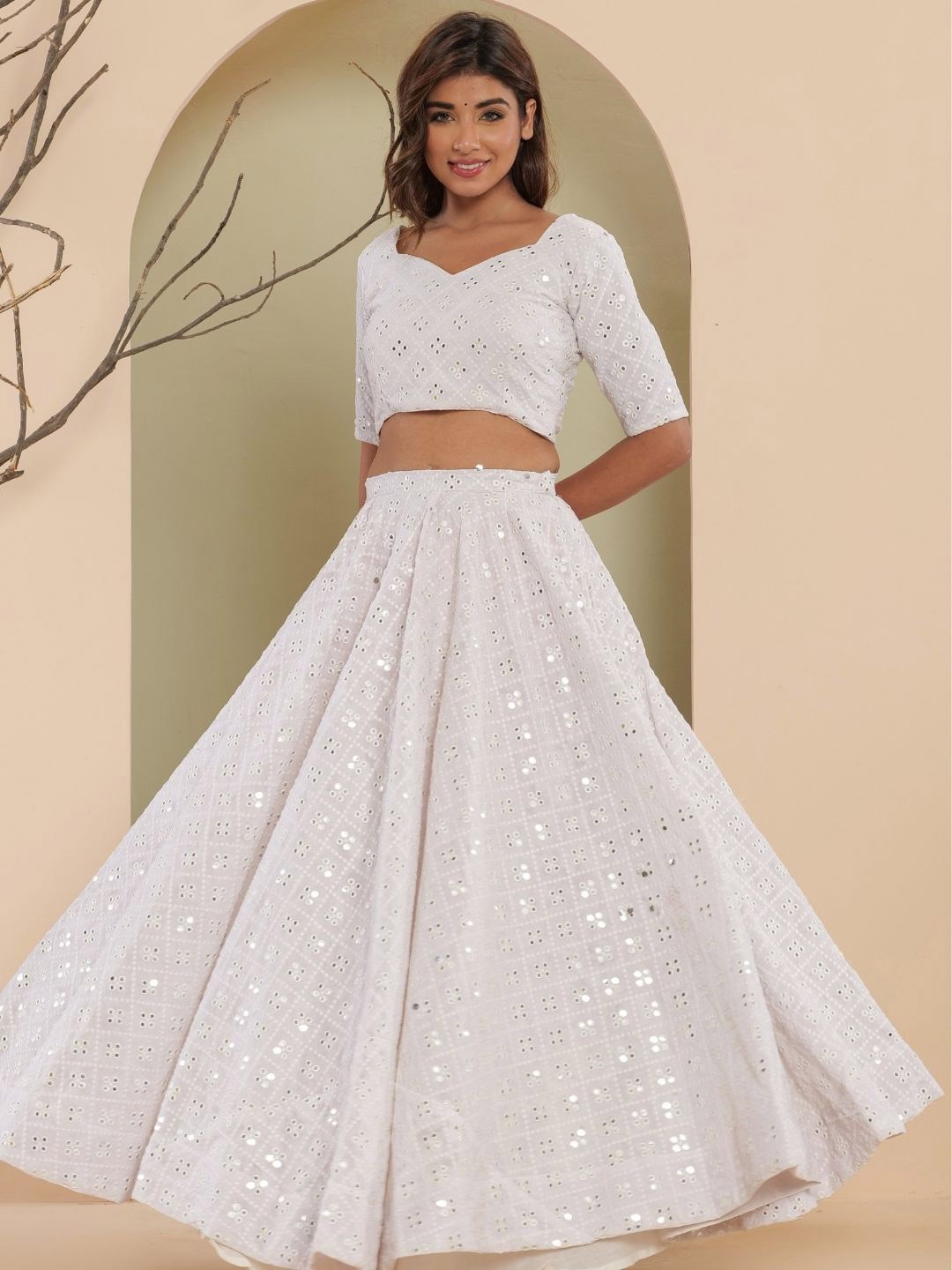 

HOUSE OF JAMOTI Embellished Mirror Work Ready to Wear Lehenga & Blouse With Dupatta, White