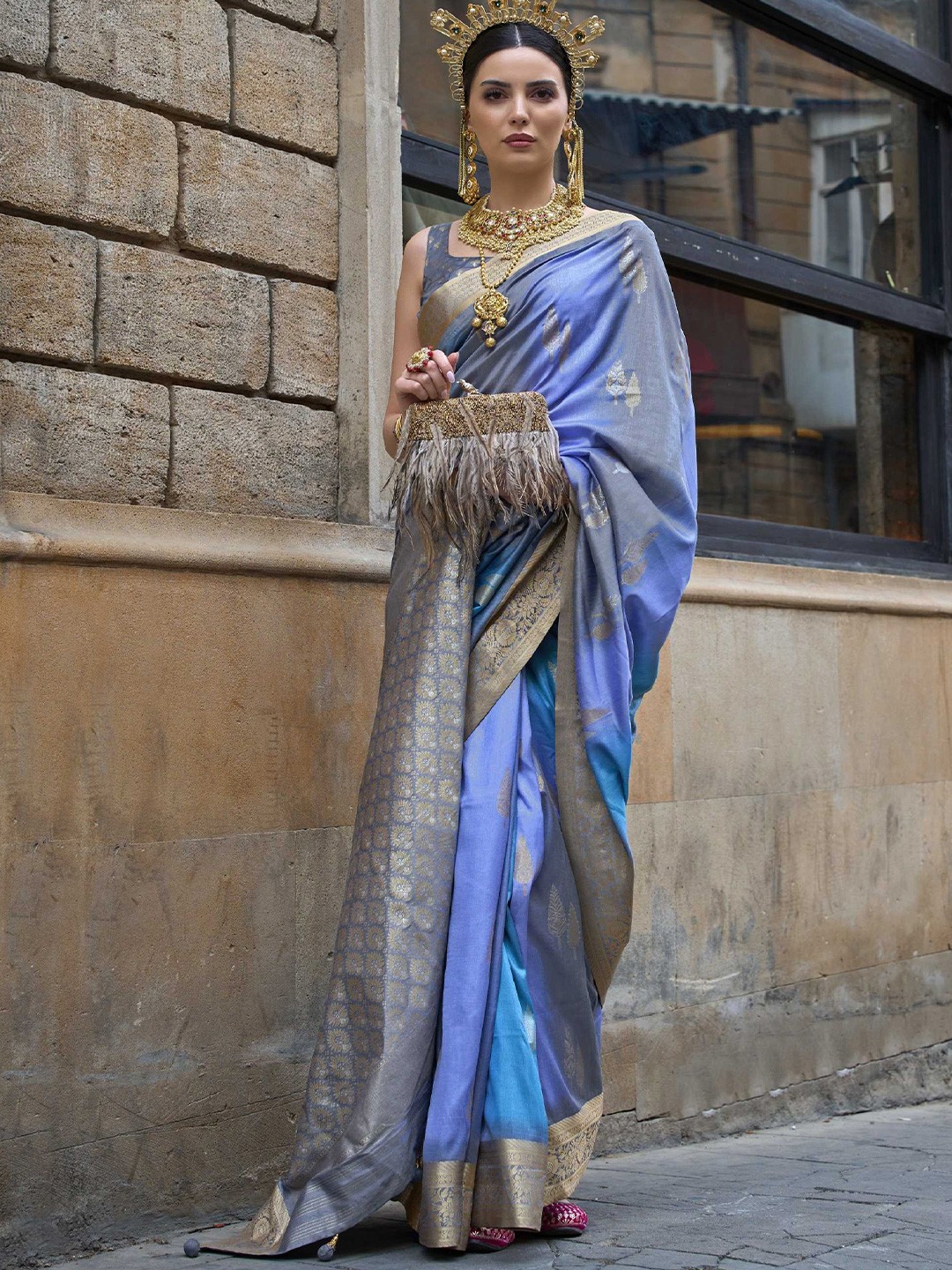 

Mitera Blue Embellished Banarasi Saree