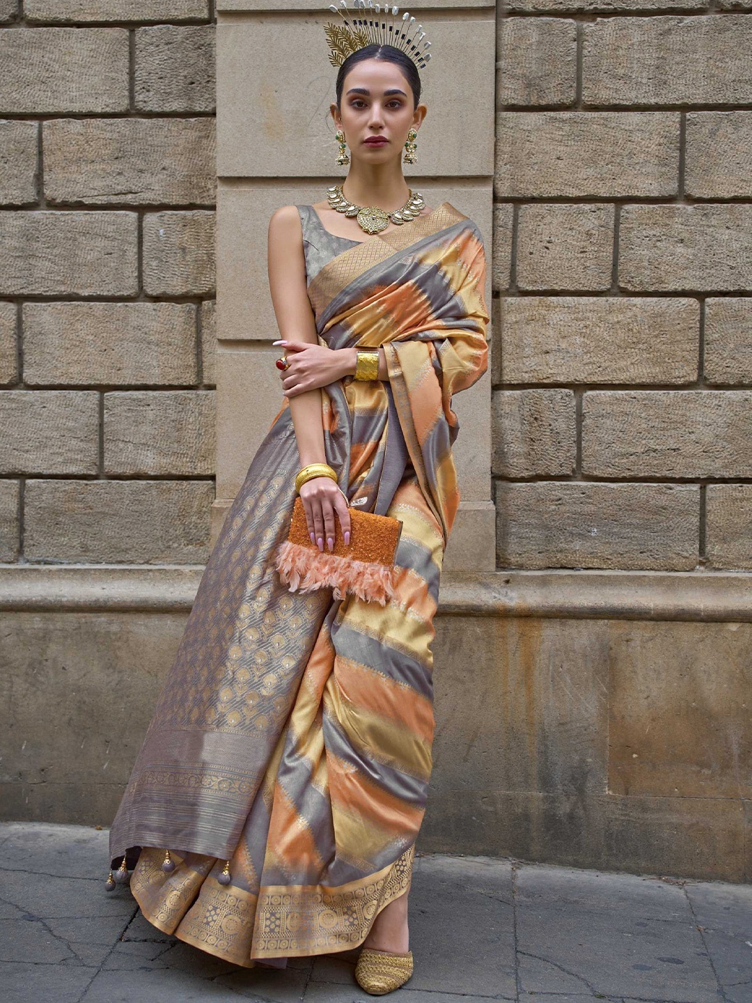

Mitera Orange Ethnic Motifs Woven Design Banarasi Silk Saree