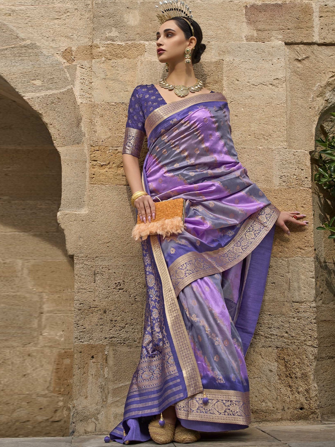 

Mitera Lavender Ethnic Motifs Woven Design Banarasi Saree