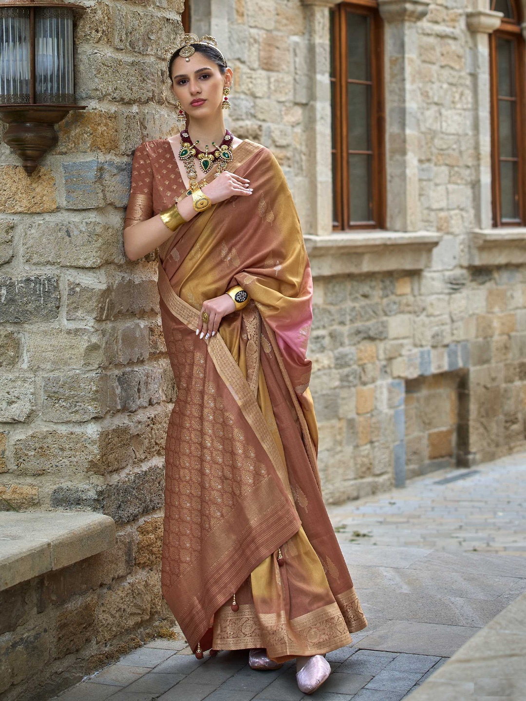 

Mitera Brown Ethnic Motifs Woven Design Banarasi Saree