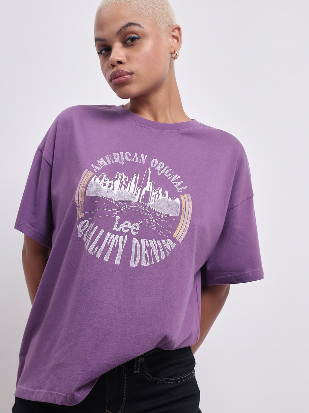 

Lee Typography Printed Round Neck Oversized Cotton T-shirt, Purple