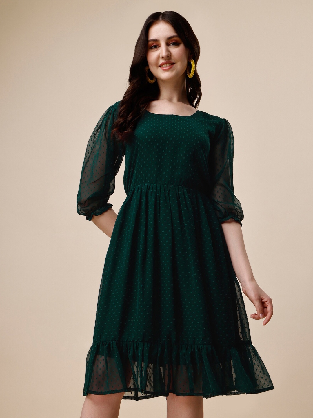 

KALINI Self Design Puff Sleeves Georgette Flounce Fit & Flare Dress, Green