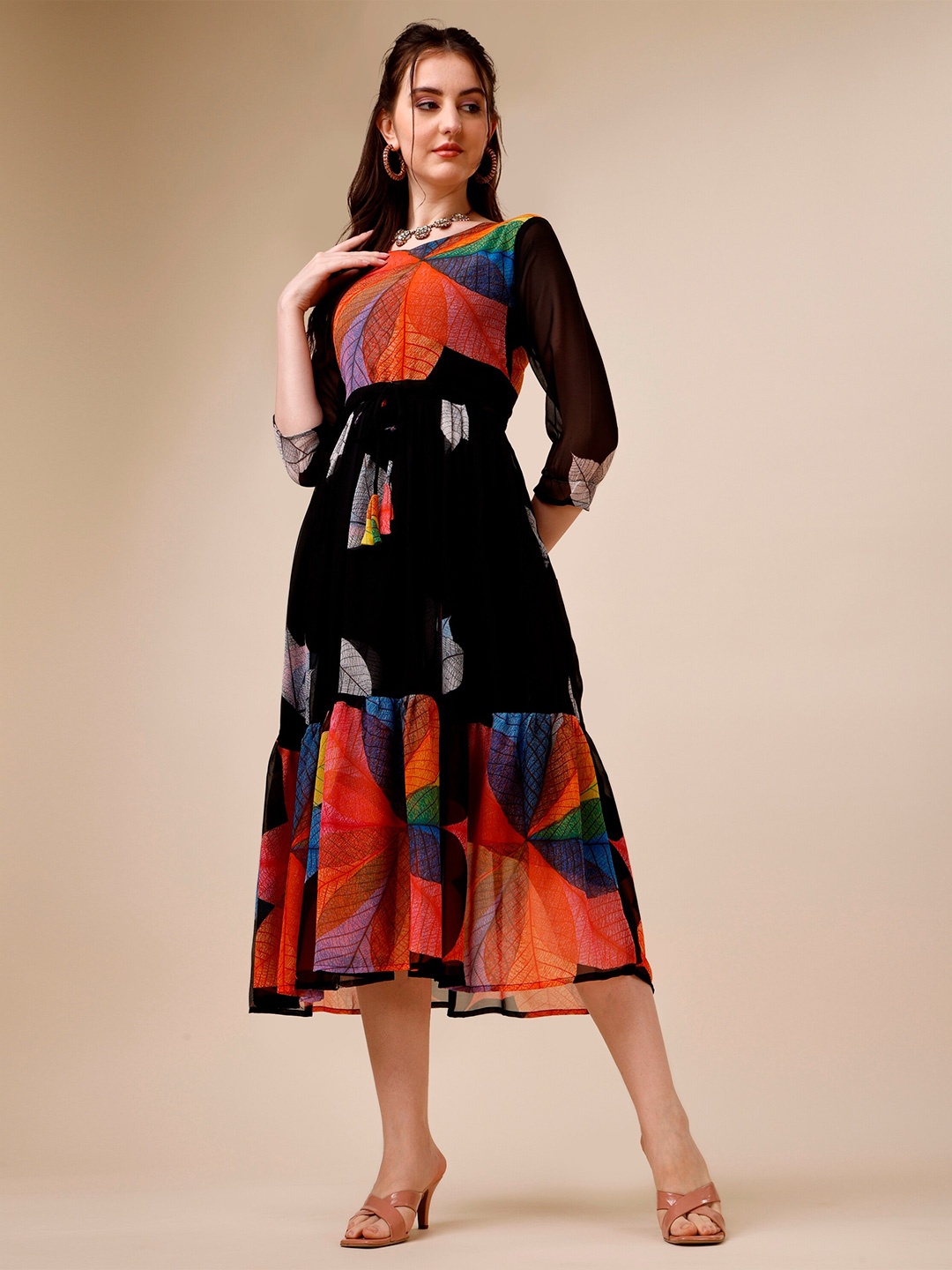 

KALINI Floral Printed Georgette Fit & Flare Midi Dress, Black