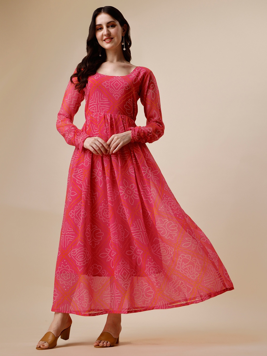 

KALINI Bandhani Printed Round Neck Maxi Dress, Pink
