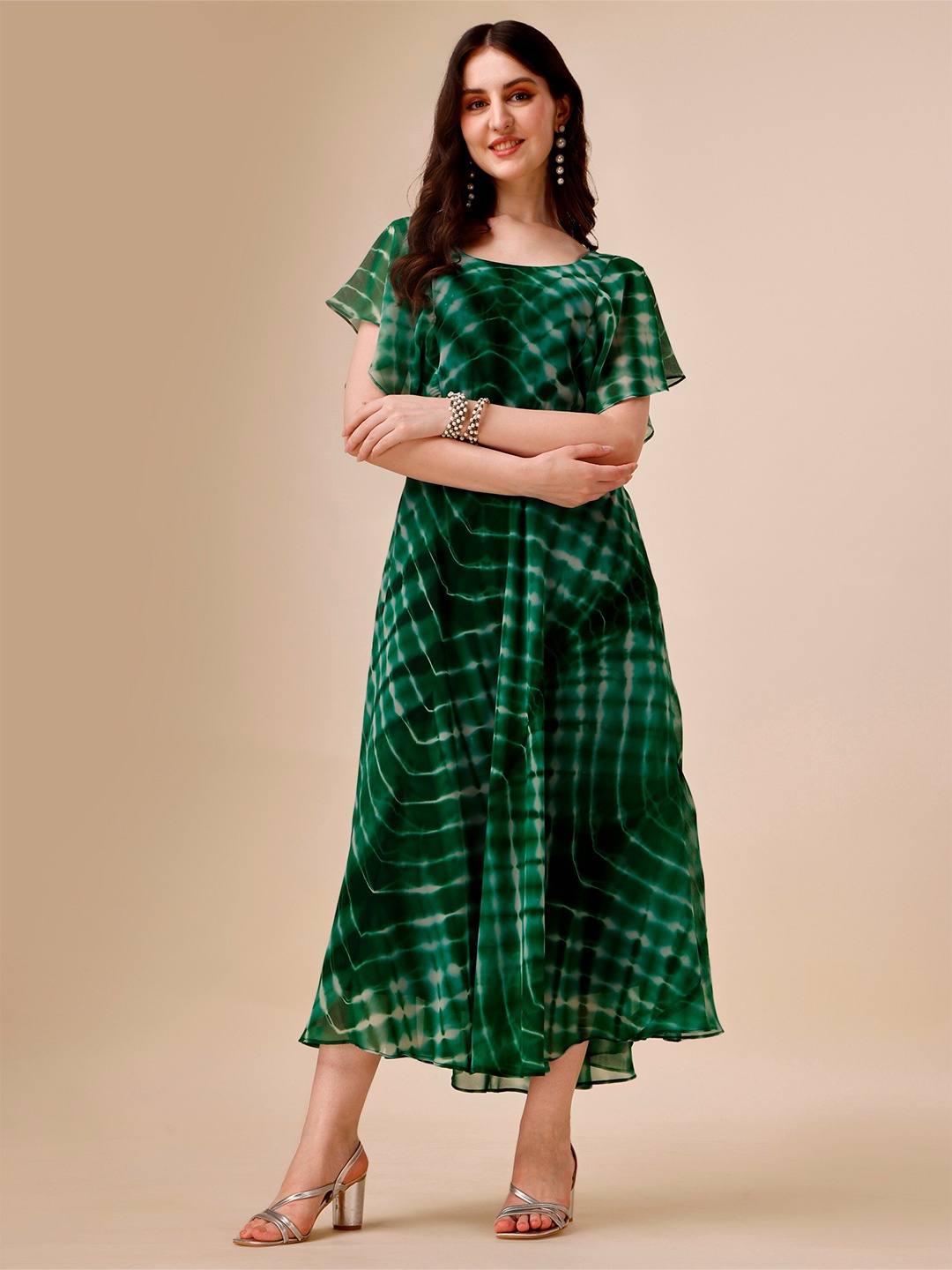 

KALINI Leriya Printed Flared Sleeves Ruffles Georgette Fit & Flare Midi Dress, Green