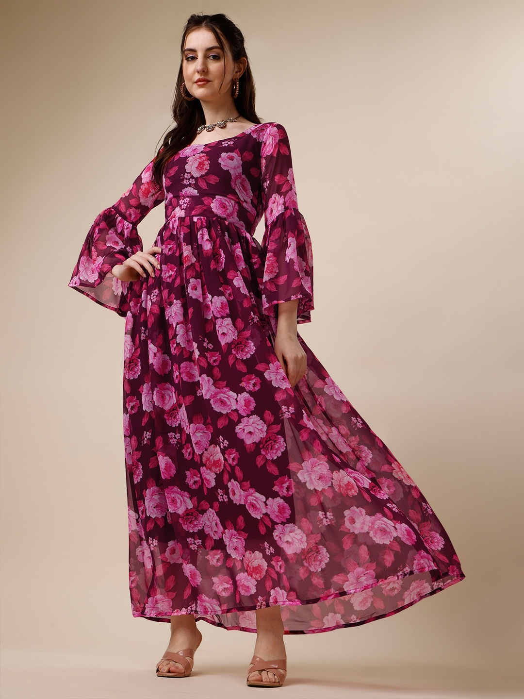 

KALINI Floral Printed Bell Sleeves Georgette Maxi Fit & Flare Dress, Purple