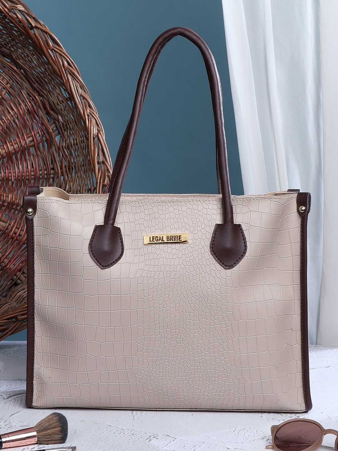 

LEGAL BRIBE Textured Structured Oversized Shoulder Bag, Beige