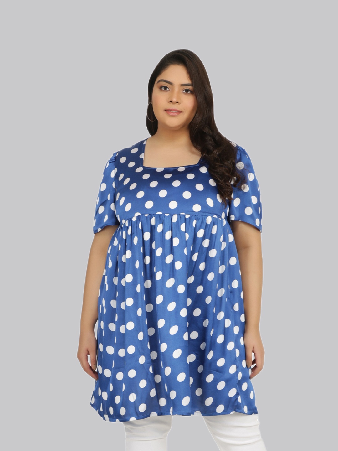

TSM Plus Size Polka Dot Printed Gathered Detailed Silk A-Line Kurta, Blue