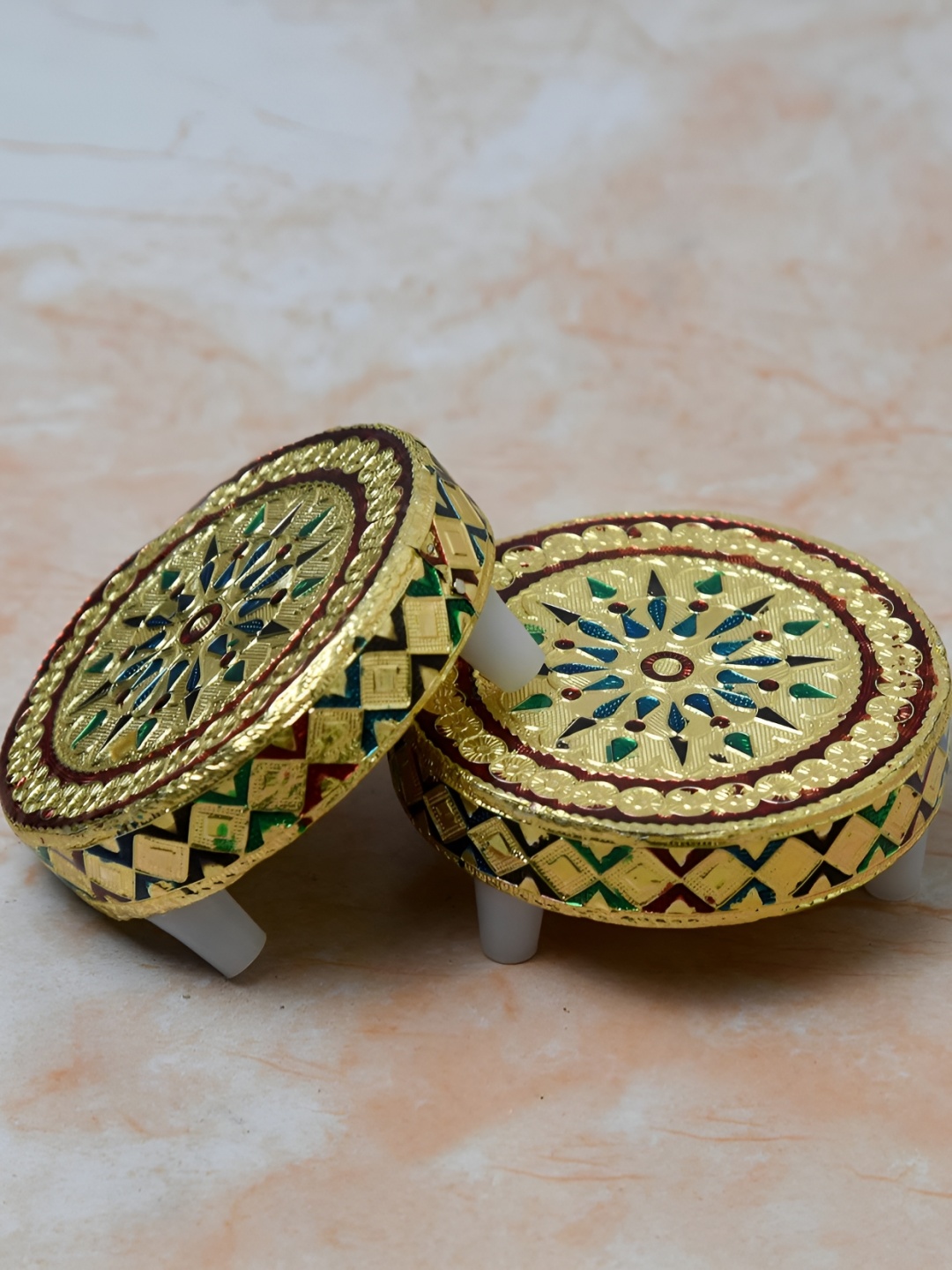 

Bhimonee Decor 2 pieces Gold toned and green Meenakari Designer Wooden Round Chowki