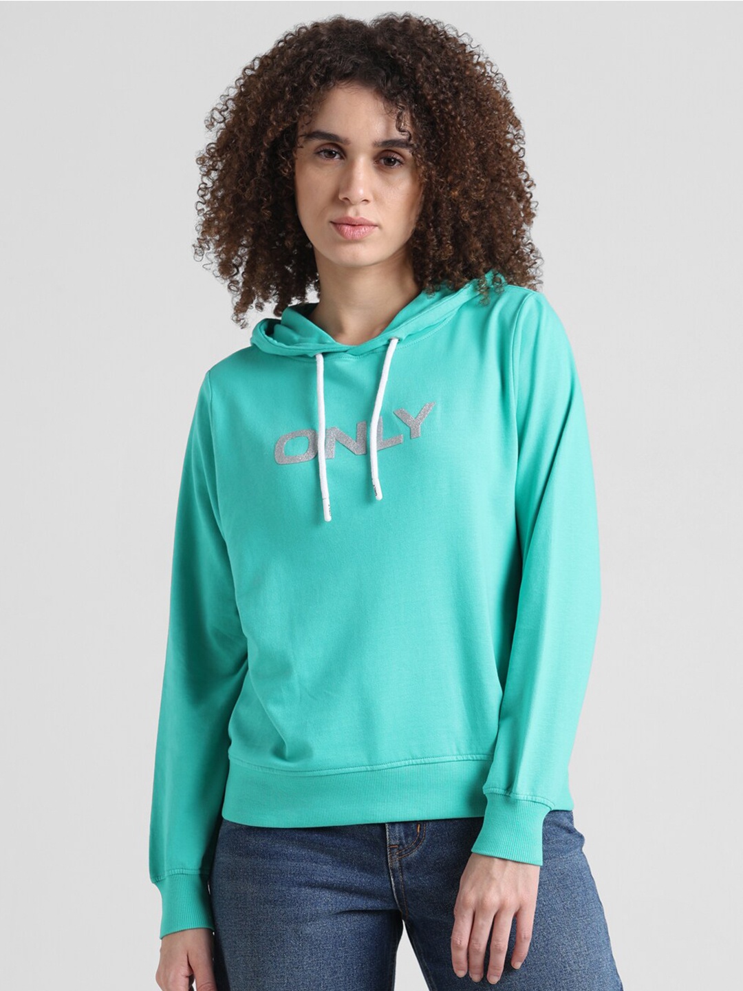 

ONLY Brand Logo Printed Hooded Pullover Pure Cotton Sweatshirt, Sea green