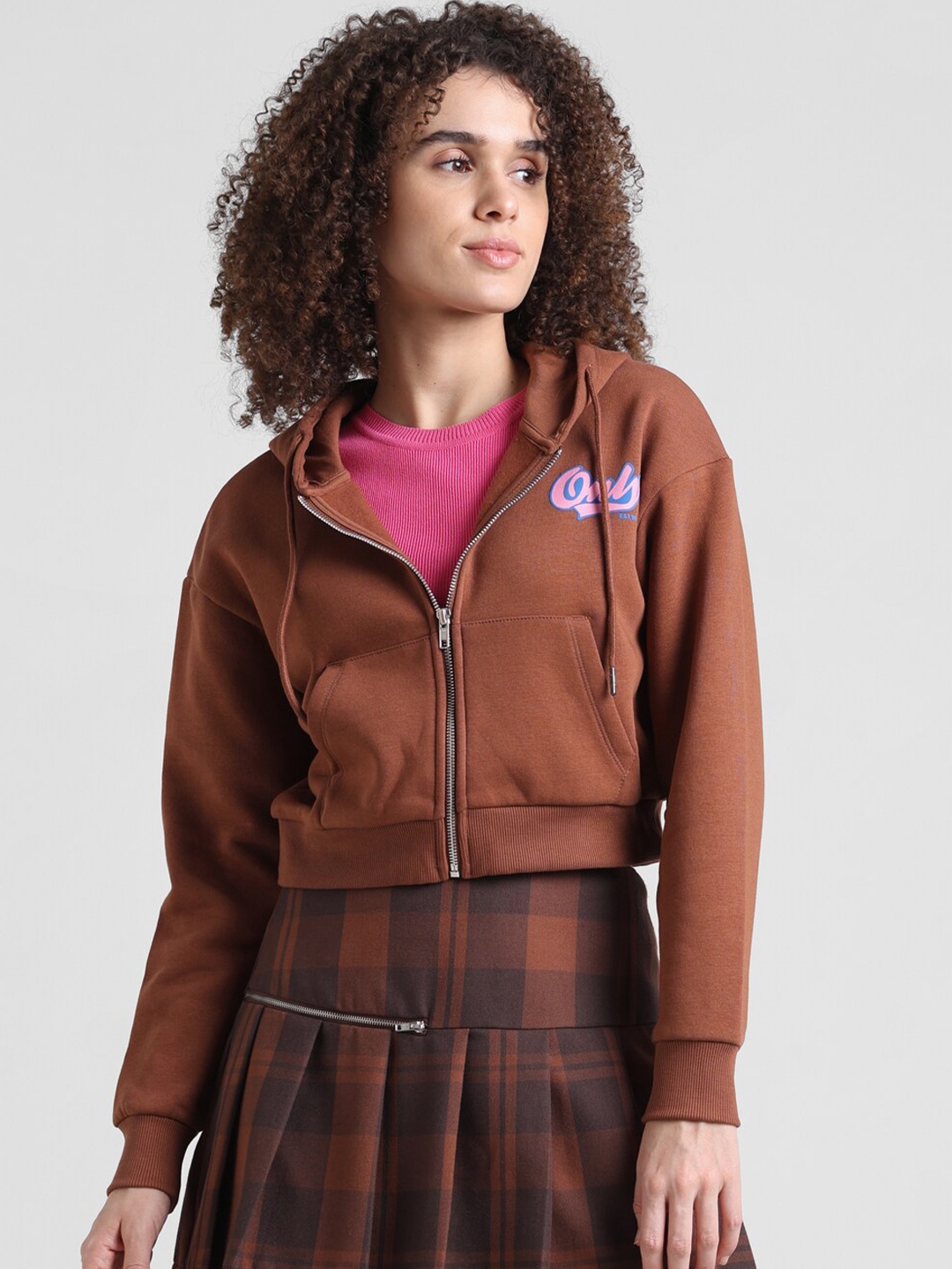 

ONLY Hooded Crop Front-Open Sweatshirt, Brown