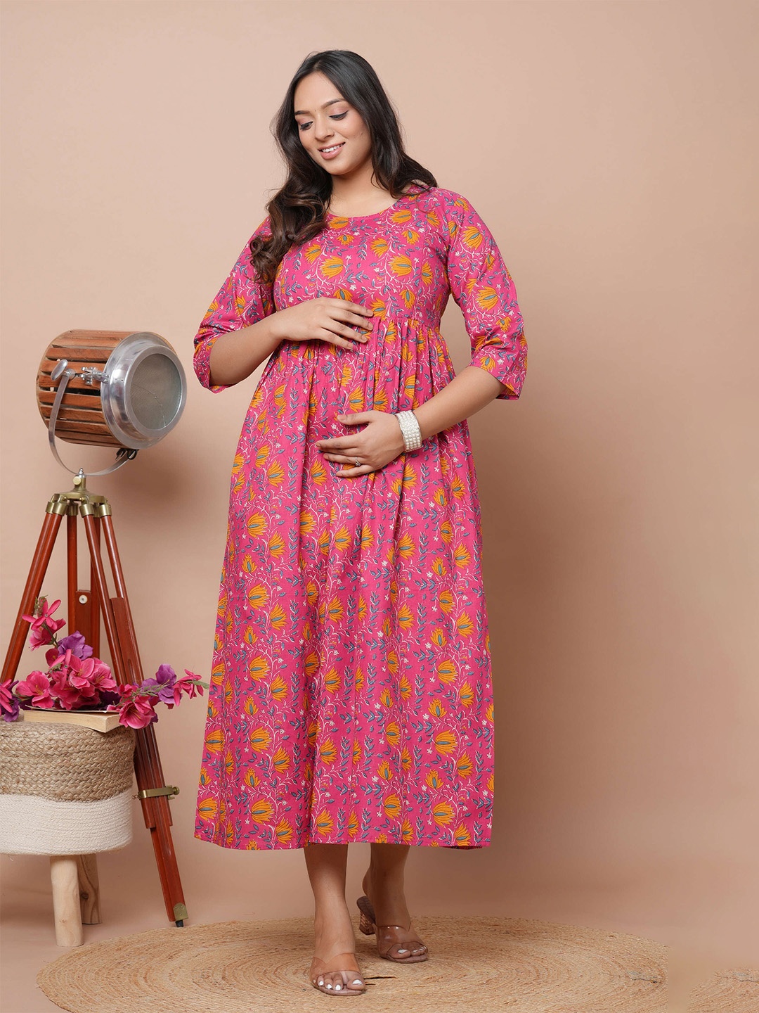 

UNIBLISS Floral Printed Cotton Maternity A-Line Dress, Red