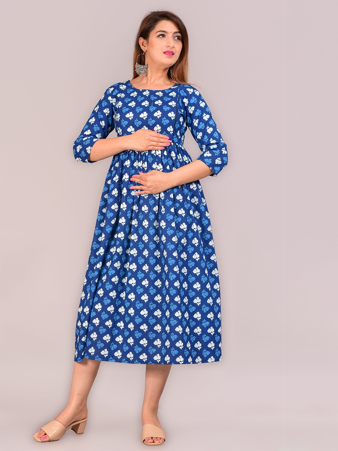 

UNIBLISS Ethnic Motifs Printed Gathered Detailed Cotton Maternity Fit & Flare Ethnic Dress, Blue