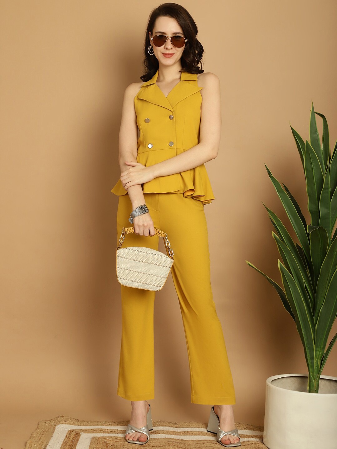 

BLANC9 Lapel Collar Sleeveless Peplum Top & Trouser, Yellow