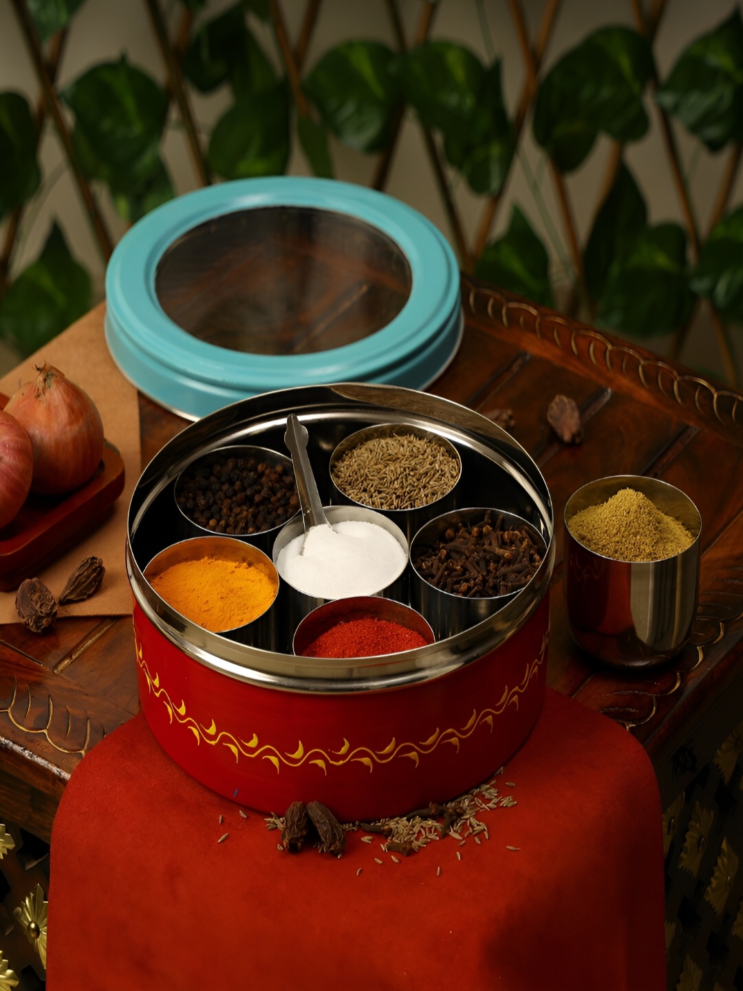 

THE COCOTIER Red Stainless Steel Hand Painted Spice Box, Multi