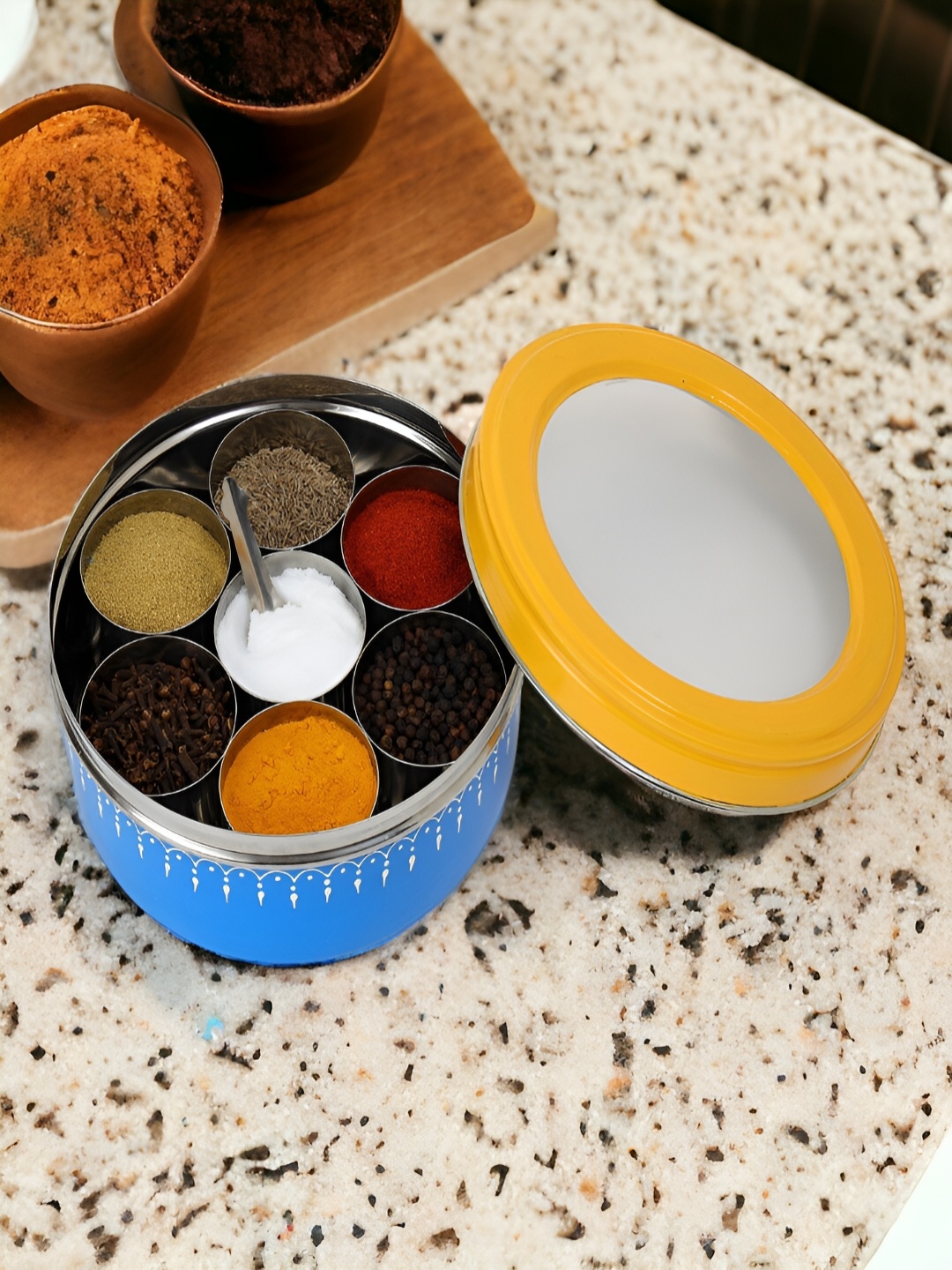 

THE COCOTIER Yellow & Blue Stainless Steel Hand-Painted Spice Box