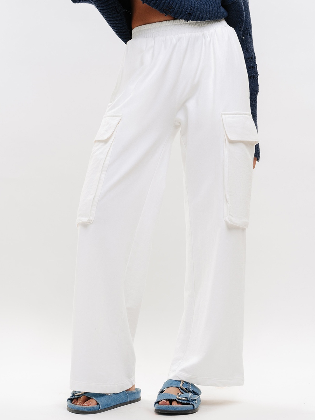 

FREAKINS Women Straight Fit High-Rise Cotton Cargos Trouser, White