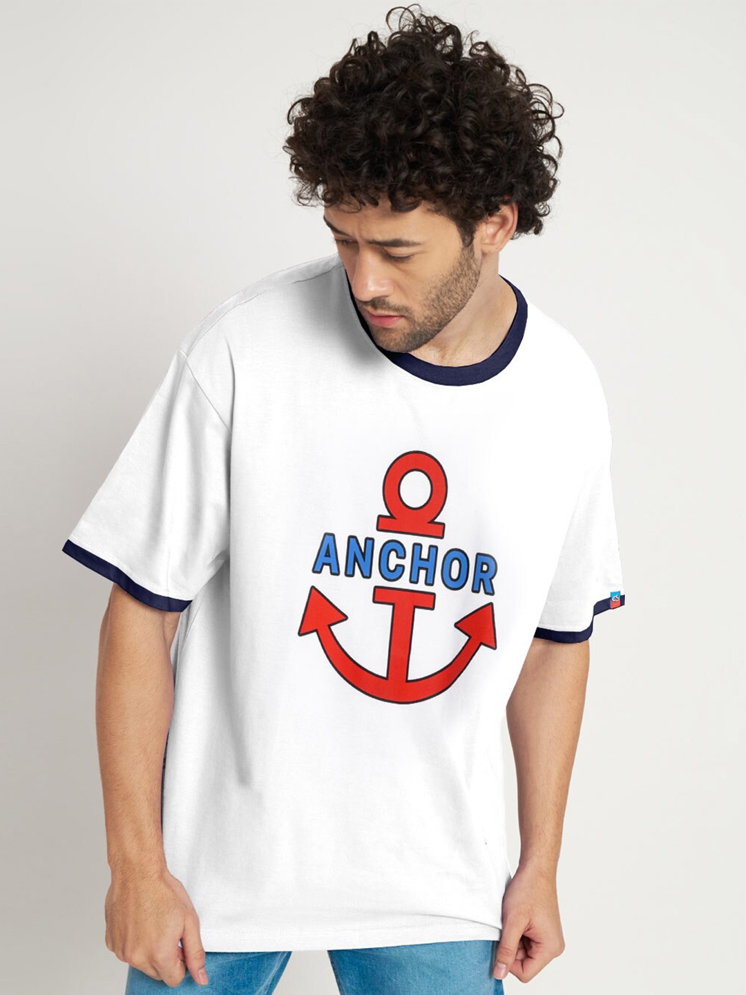 

COMICSENSE One Piece Anime Anchor Printed Cotton Oversized Tshirt, White