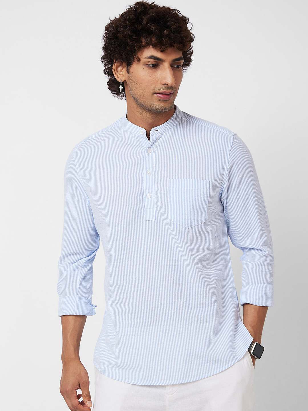 

VASTRADO Striped Band Collar Cotton Straight Kurta, Blue