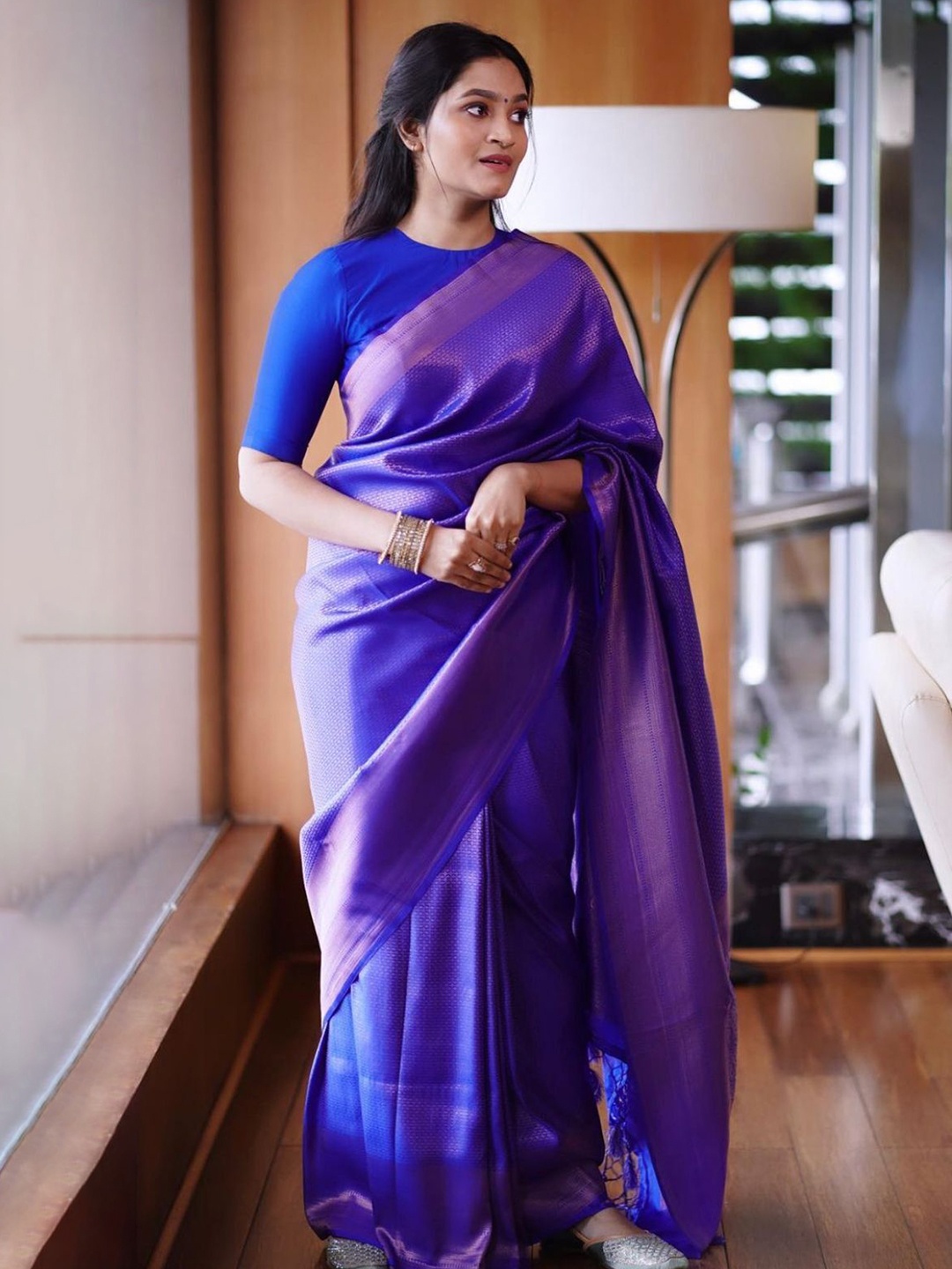 

DIVASTRI Ethnic Motifs Woven Design Zari Pure Silk Kanjeevaram Saree, Blue