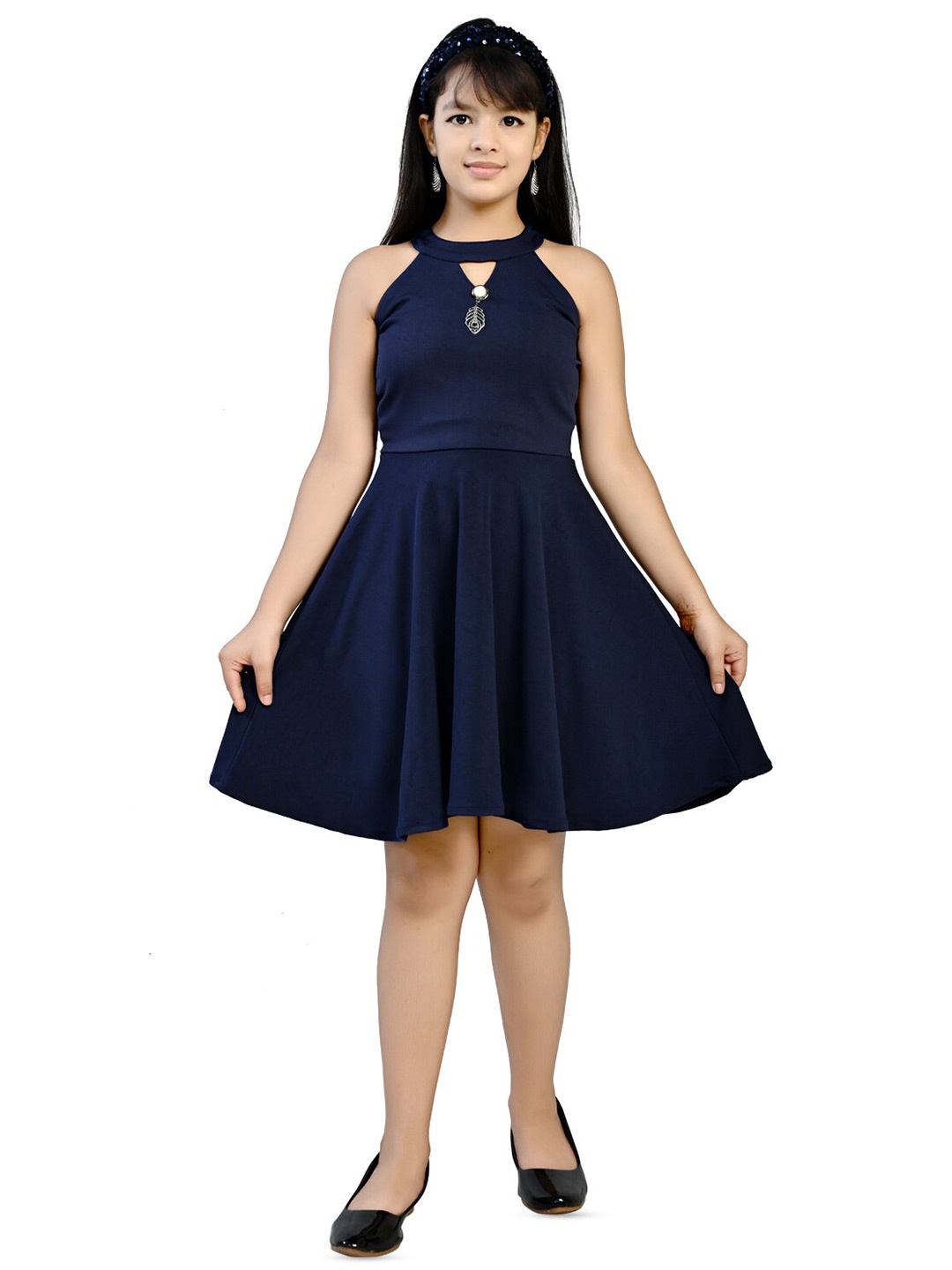 

BAESD Girls Round Neck Sleeveless Cotton Fit & Flare Dress, Navy blue